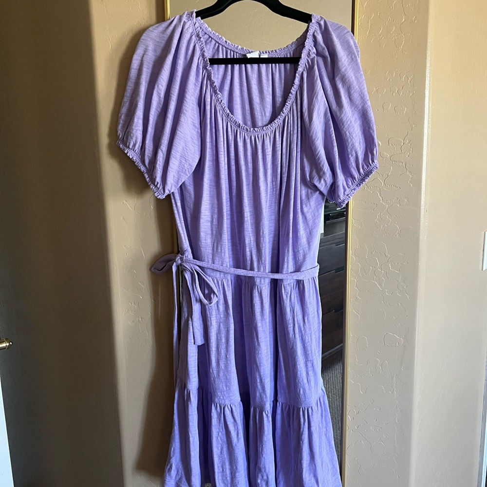 Womens Gap Factory Violet Purple Puff Sleeve Tie Waist 100% Cotton Dress L